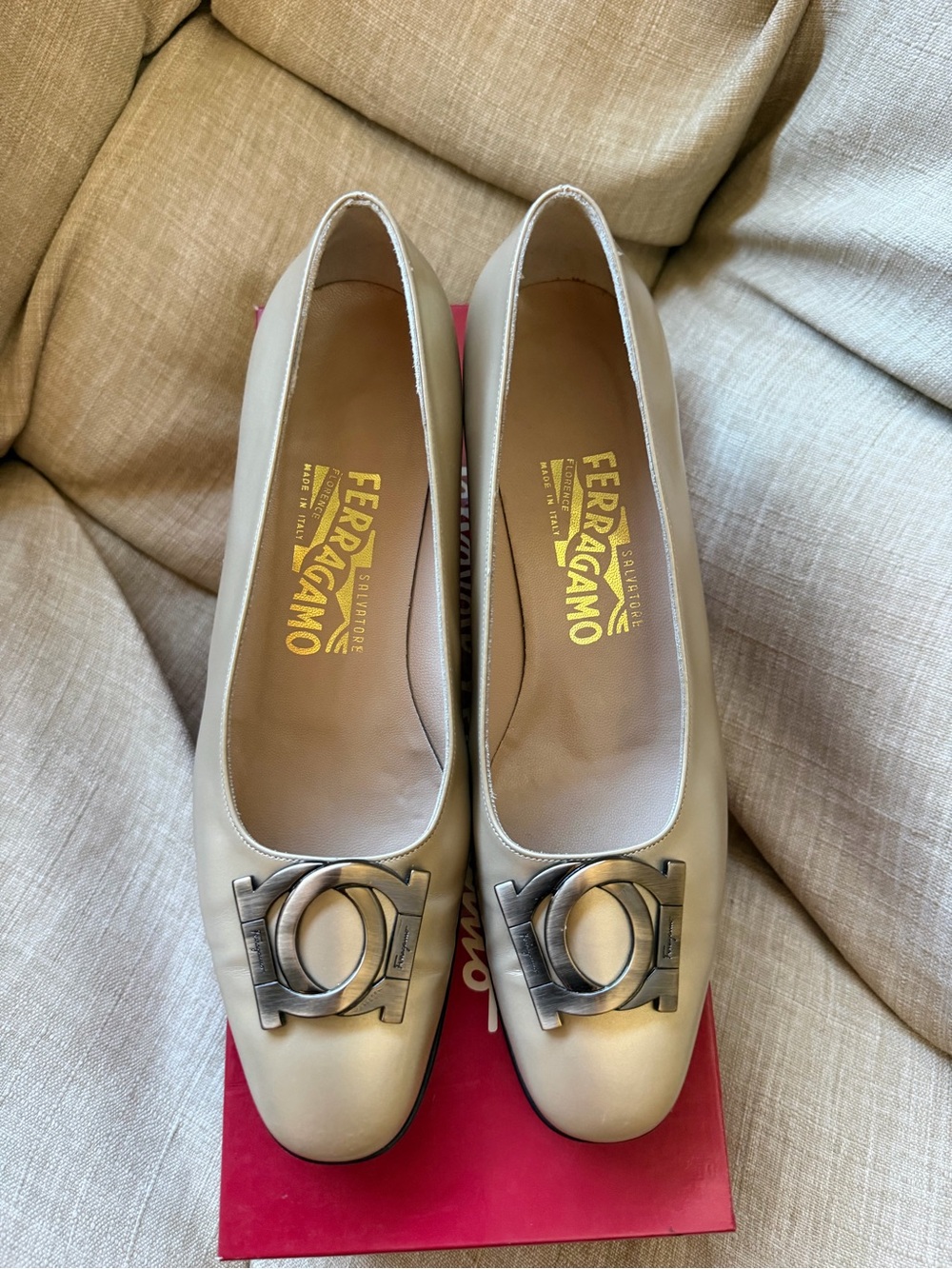 Salvatore Ferragamo Champagne Gancini Block Heel Pumps 8B